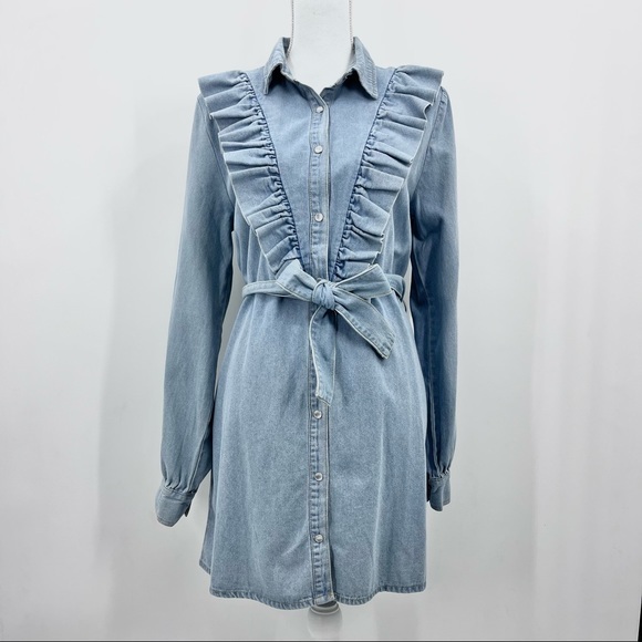 Fantastic Fawn Ruffle Denim Button Up Dress with Belt NWT - Picture 3 of 14